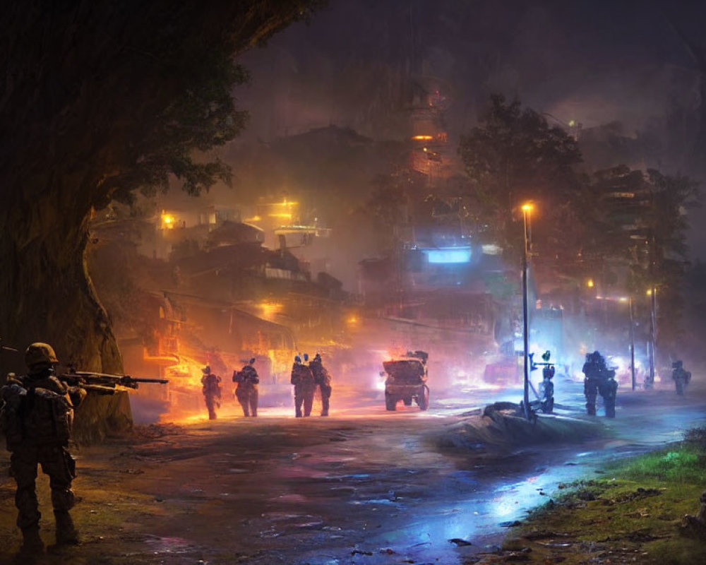 Armed soldiers patrol misty, tree-lined street at night.