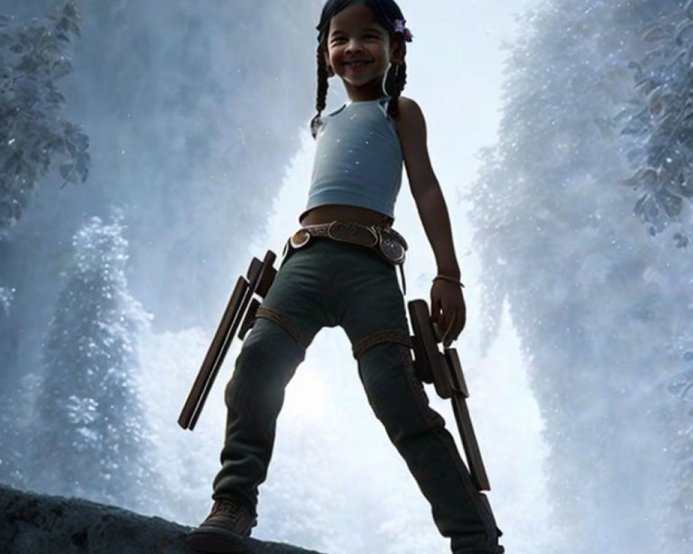 Young girl in tank top and shorts on rocky ledge with snowy background