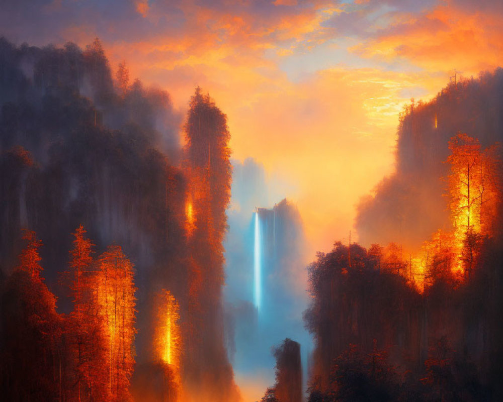 Misty forest, glowing waterfall, illuminated trees at sunrise or sunset