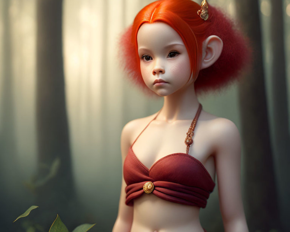 Whimsical female creature with red hair in mystic forest setting