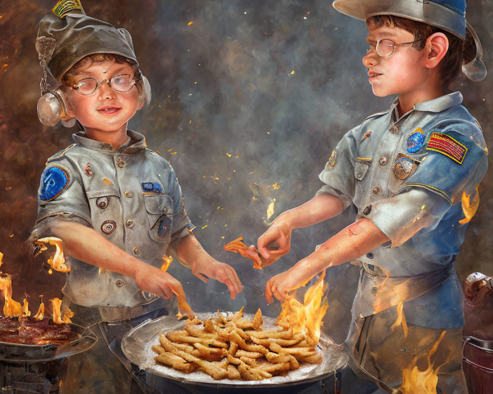 Scout children cooking sausages over open fire