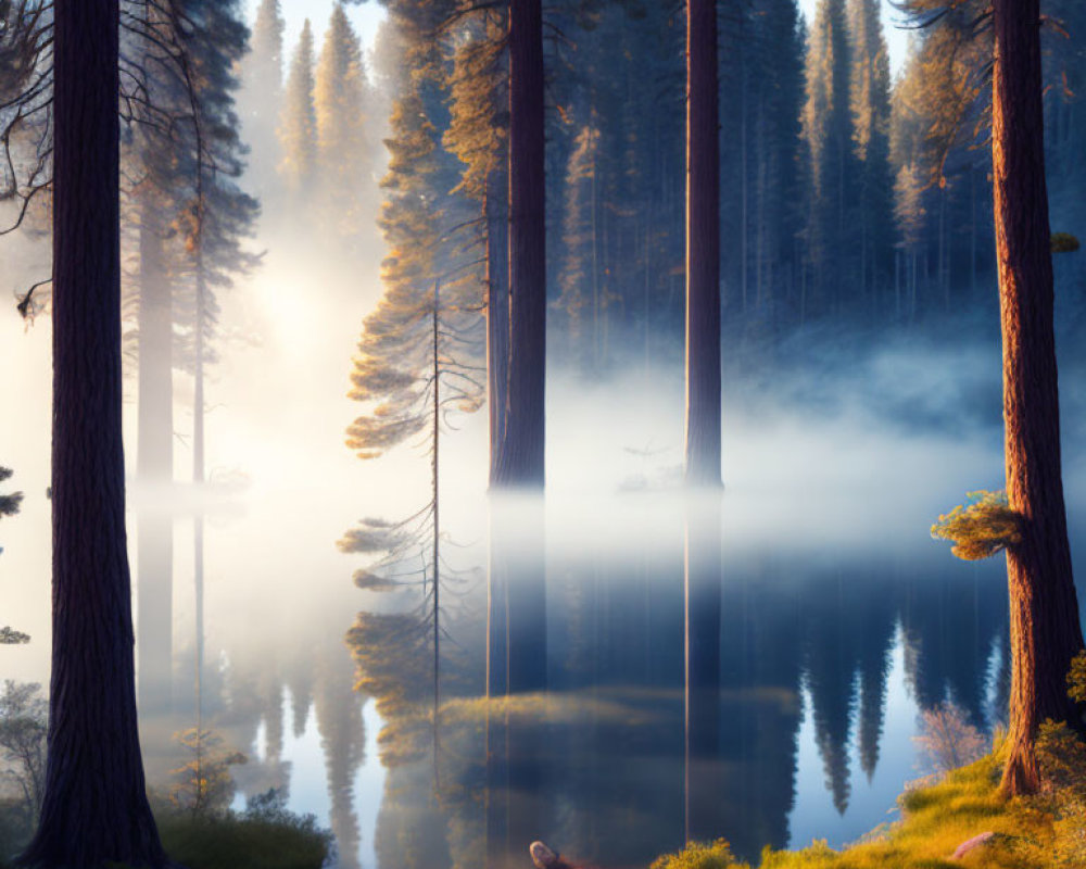 Misty lake scene with tall trees and sunlight