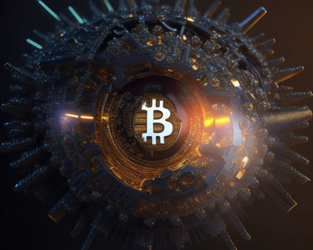 Detailed 3D illustration of futuristic spherical structure with Bitcoin symbol in dark background