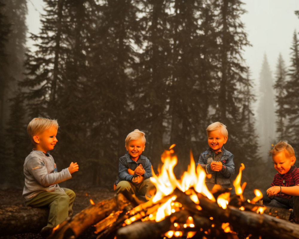 Four Children Smiling Around Campfire in Misty Forest