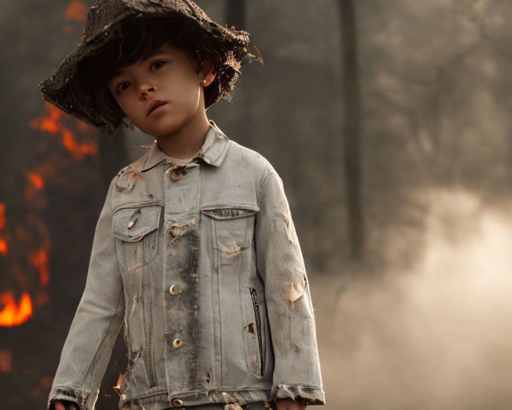 Child in Tattered Jean Jacket and Wide-Brimmed Hat in Smoky Forest with Flames