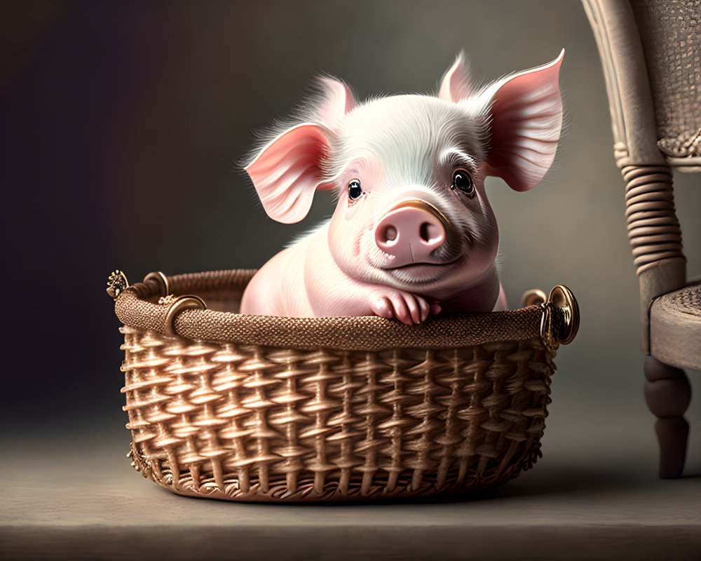 Adorable piglet in pink ears resting in basket by chair