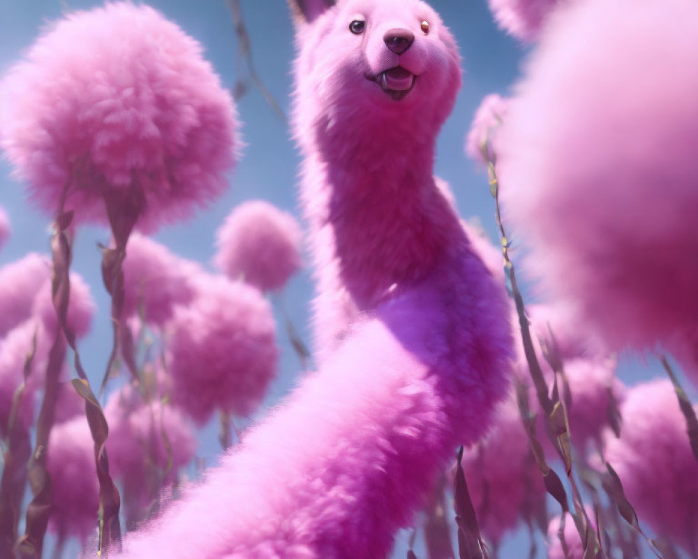 Pink furry creature in whimsical setting among pink plants and blue sky