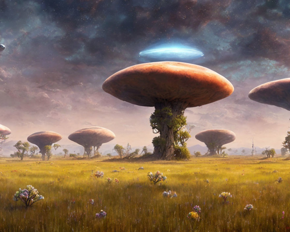 Surreal landscape with colossal mushroom-shaped structures under starry sky