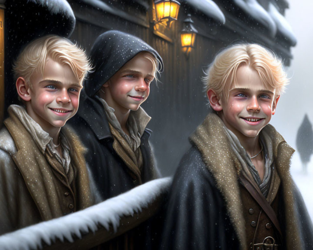 Three young boys in winter coats standing in snow under warm shop lights