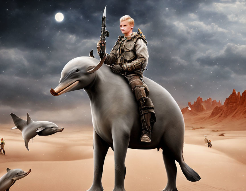 Child in futuristic armor rides dolphin in desert under moonlit sky