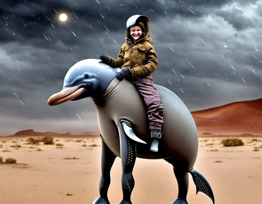 Child in Brown Jacket Smiling on Dolphin Sculpture in Desert Twilight