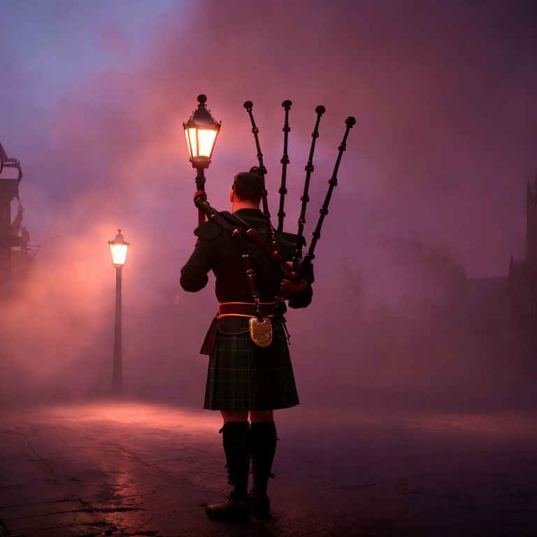 Traditional Attire Bagpiper in Misty Ambiance at Dusk