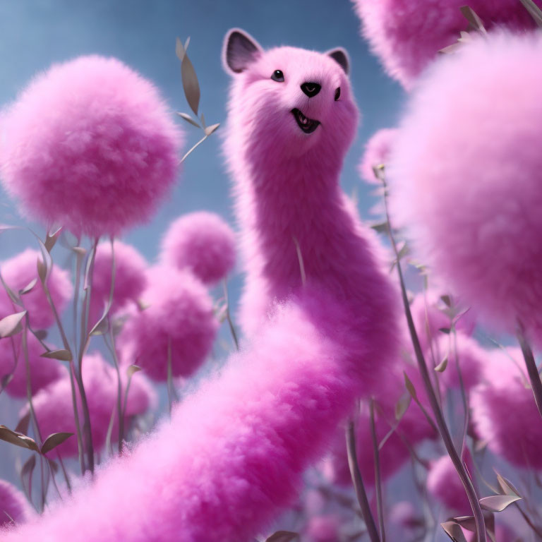 Pink furry creature with long neck in fluffy pink field under blue sky