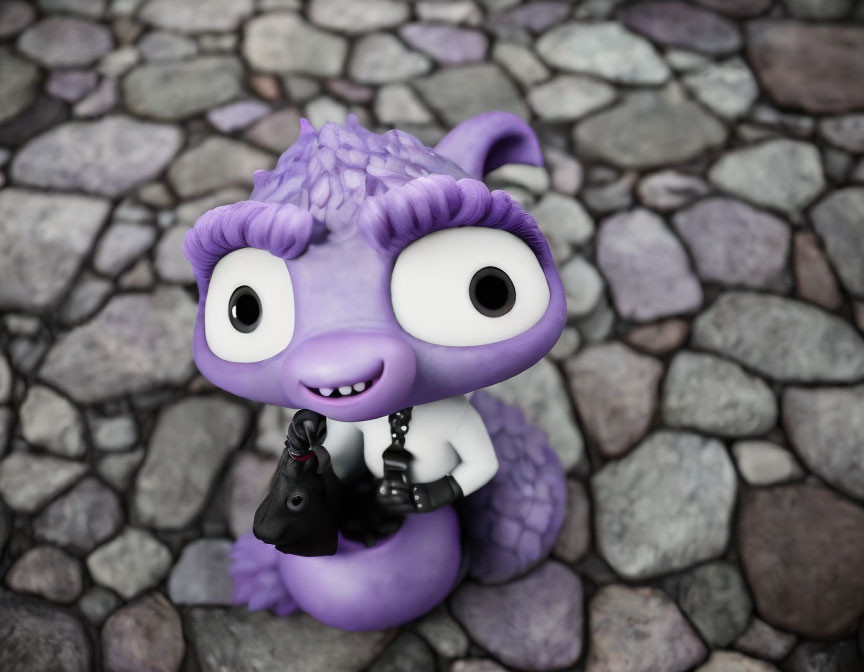 Purple Cartoonish Dragon Toy with Chess Piece on Cobblestone Surface