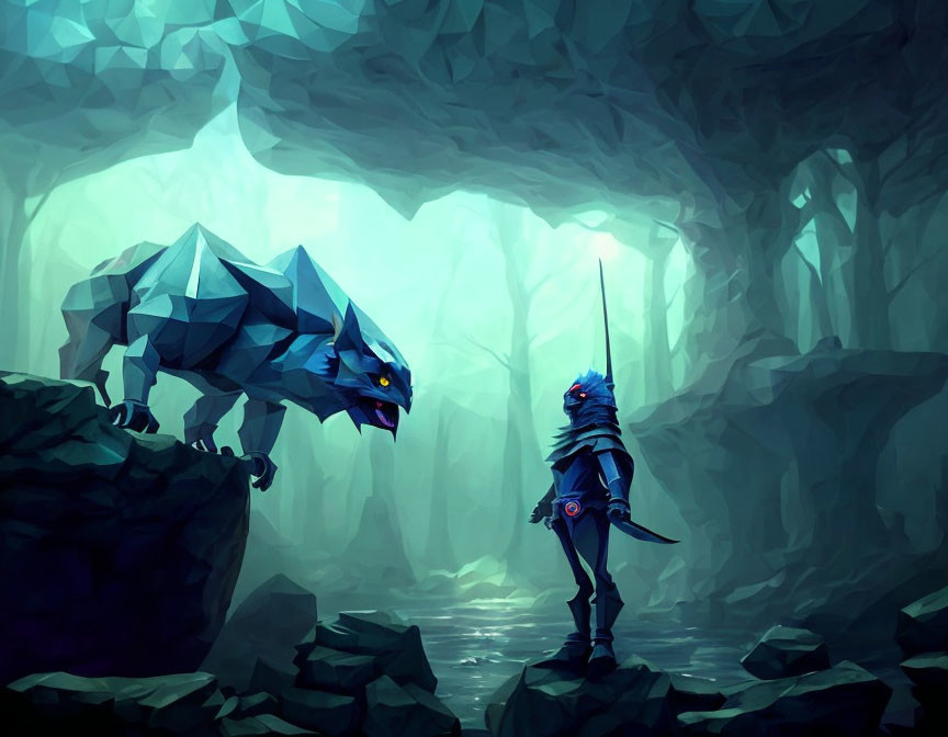 Blue-armored warrior confronts crystal-like wolf in mystical cavern scenery