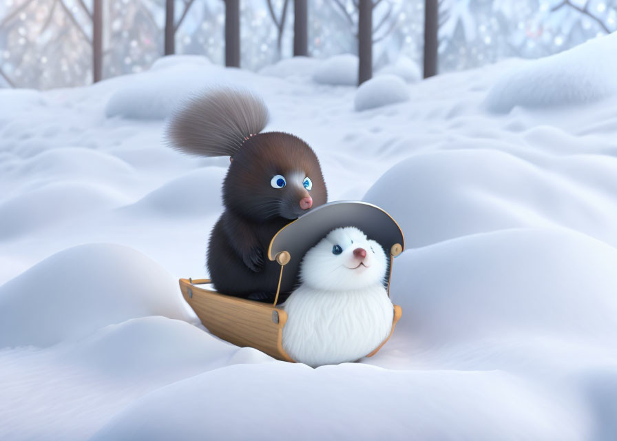 Animated squirrel and plush seal toy on sled in snowy landscape