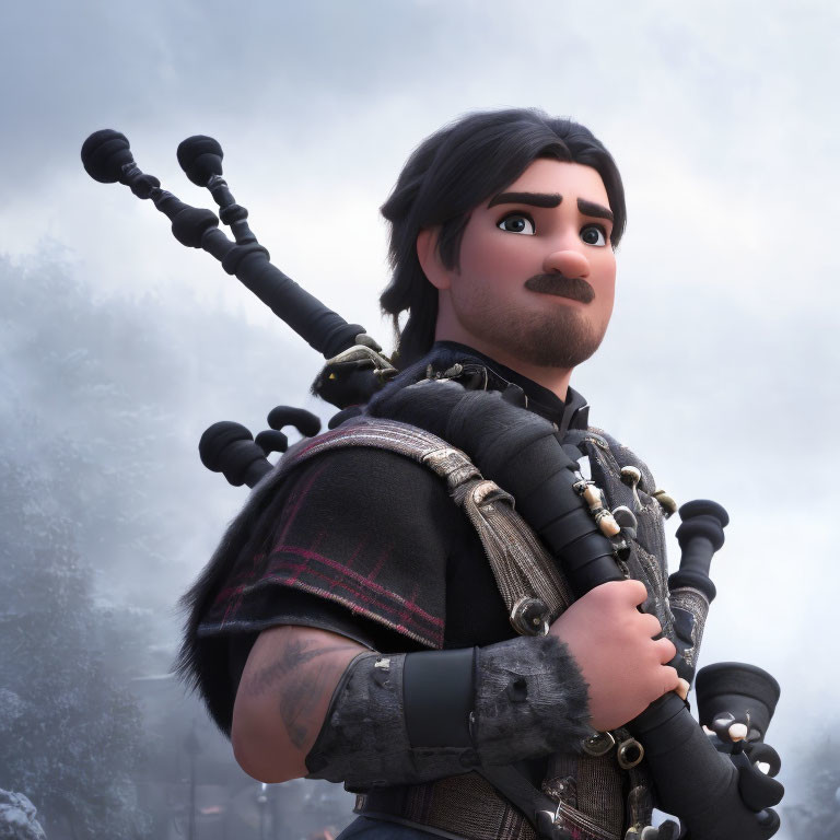 3D animated character in kilt playing bagpipes in snowy scene