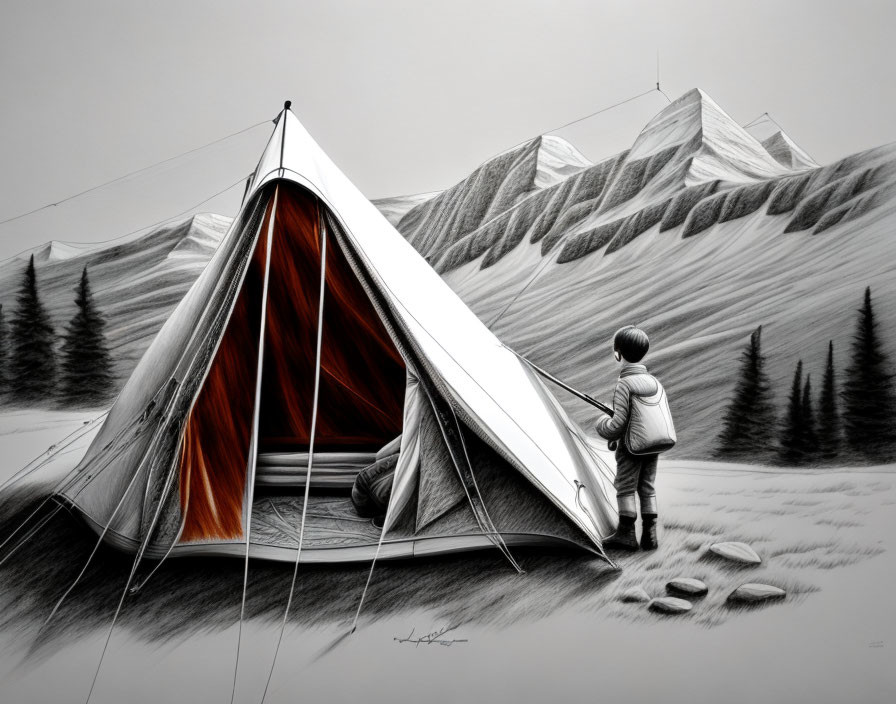 Child by open tent in monochrome mountain landscape with sparse trees