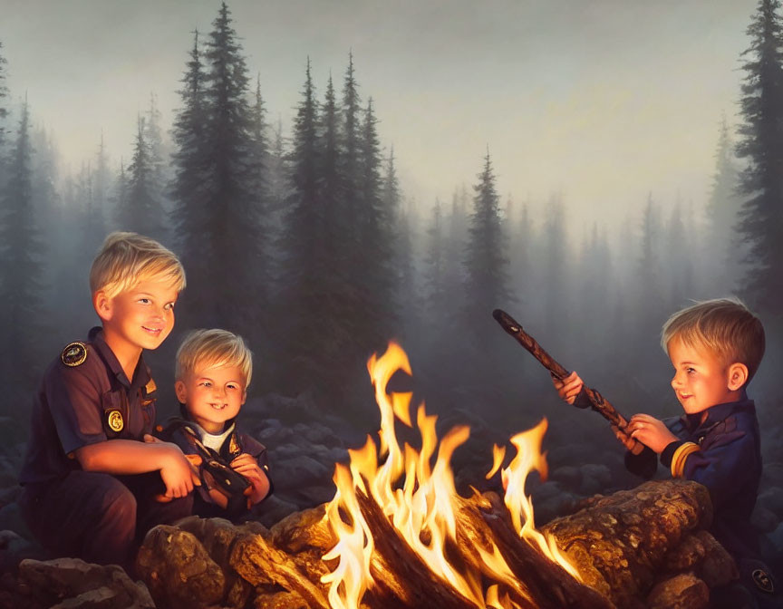 Children in scout uniforms at campfire in forest clearing