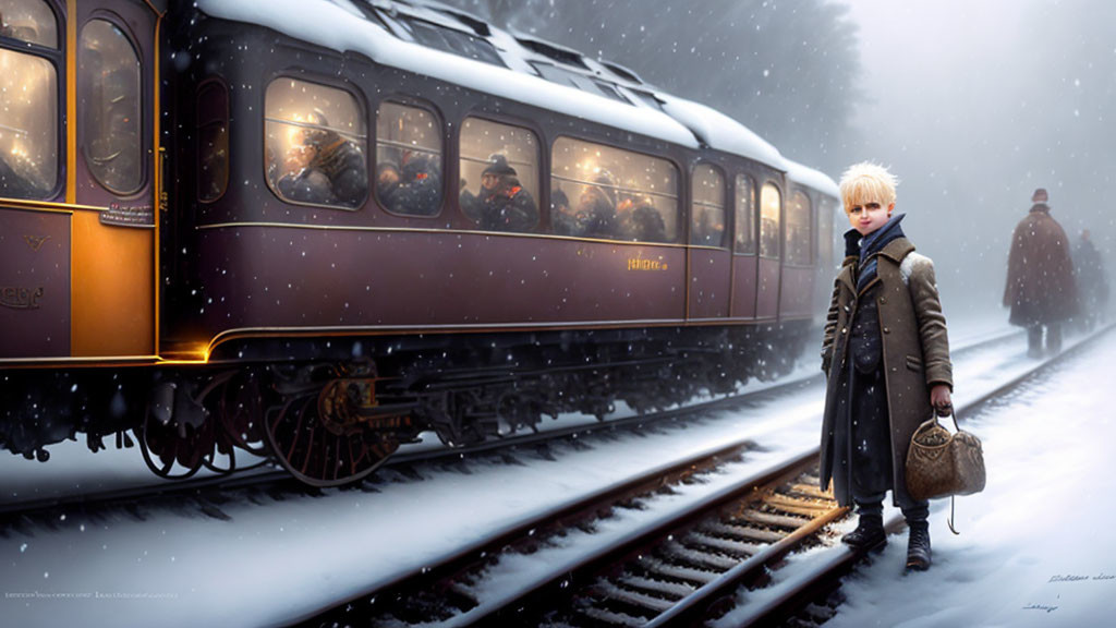 Child in winter coat by snowy train tracks with vintage train and passengers in background.