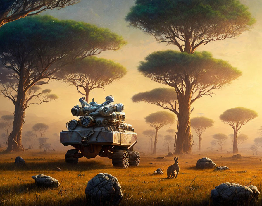 Futuristic armored vehicle in savanna with acacia trees and antelope-like creature