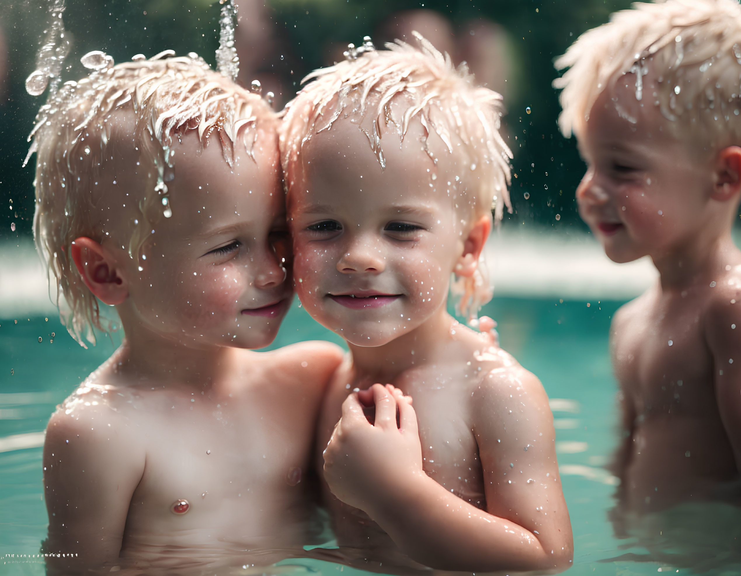 Children hugging in pool with frozen water droplets