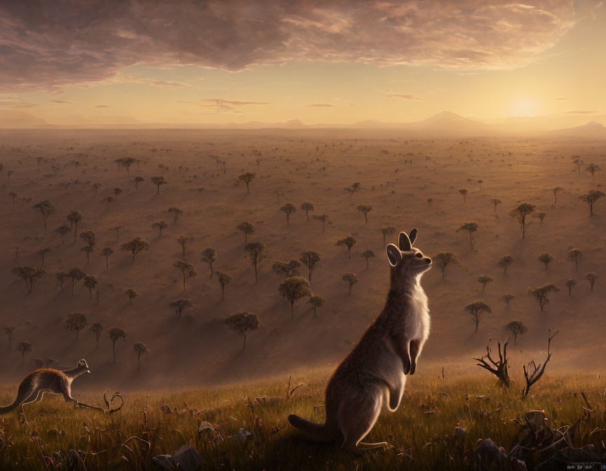 Kangaroo standing in savannah at sunset with another hopping in the distance