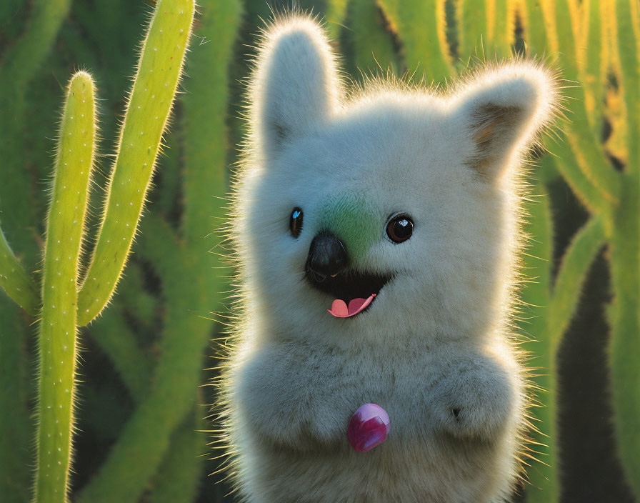 White fluffy dog-like creature with heart-shaped nose and green eyes in cactus setting