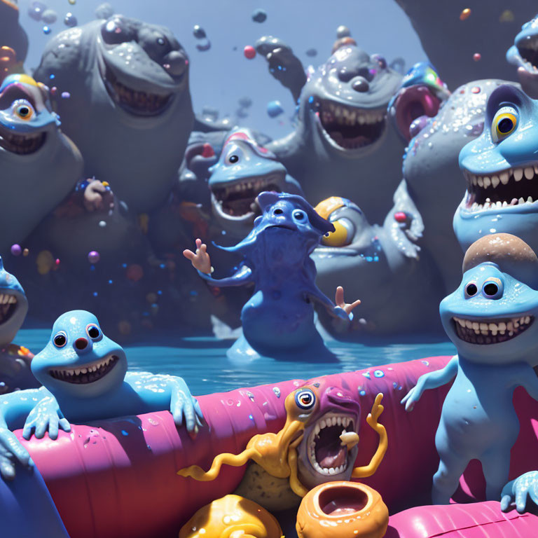 Blue animated monsters having a festive pool party