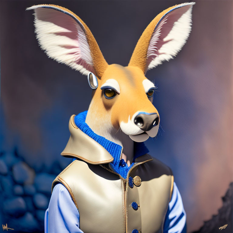 Stylized anthropomorphic deer figure in blue and white jacket