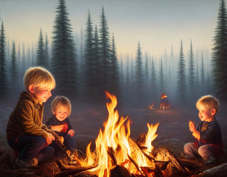 Children smiling at campfire in forest clearing at dusk