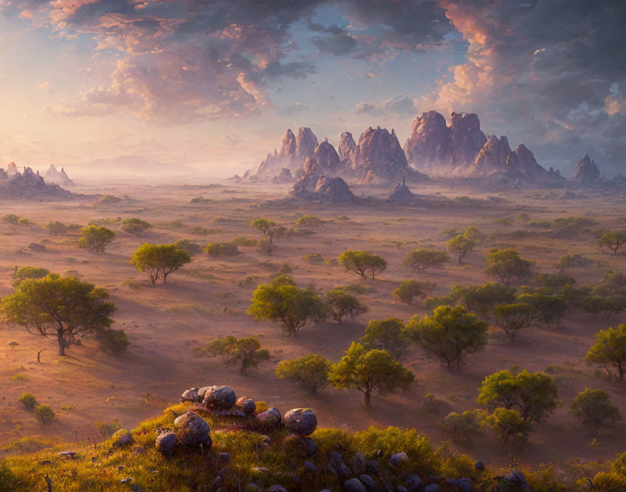 Golden Savannah Landscape with Trees, Rocks, and Mountains at Dawn or Dusk