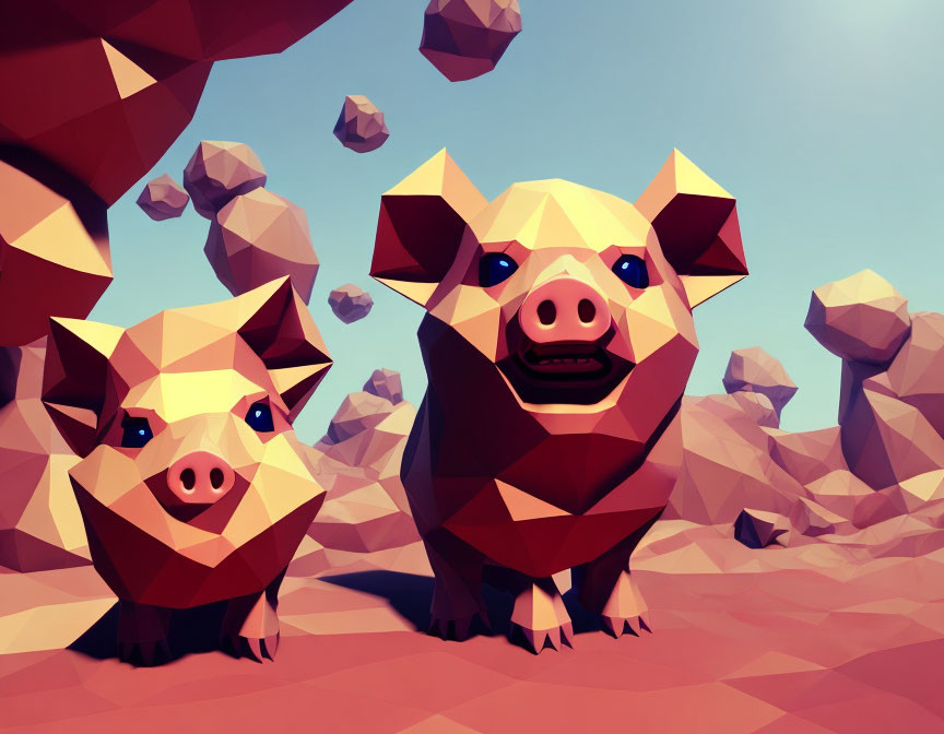 Stylized polygonal pigs in geometric landscape with floating rocks