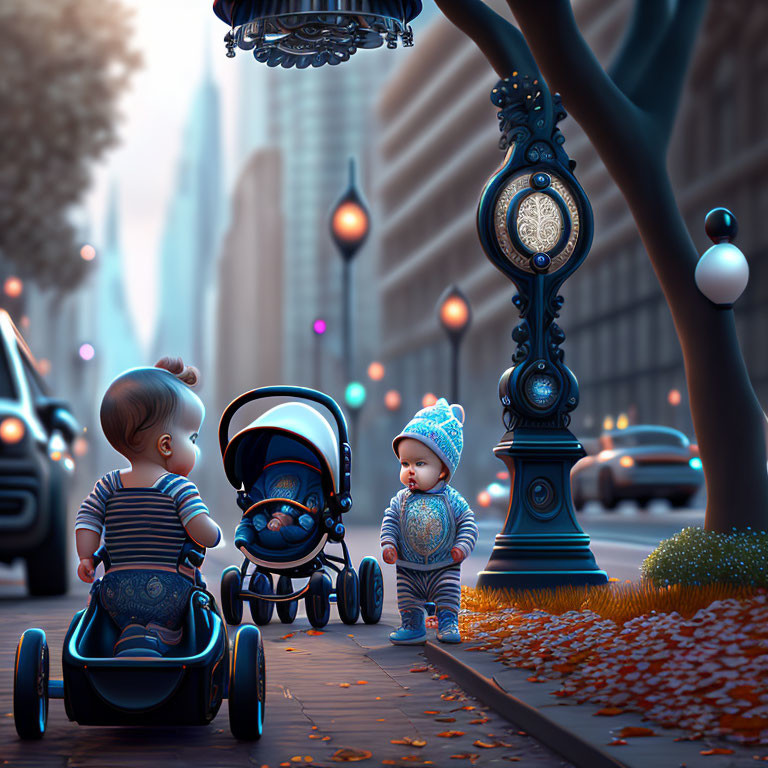 Two toddlers in urban setting at twilight with street clock, stroller, pedal car, cars, and