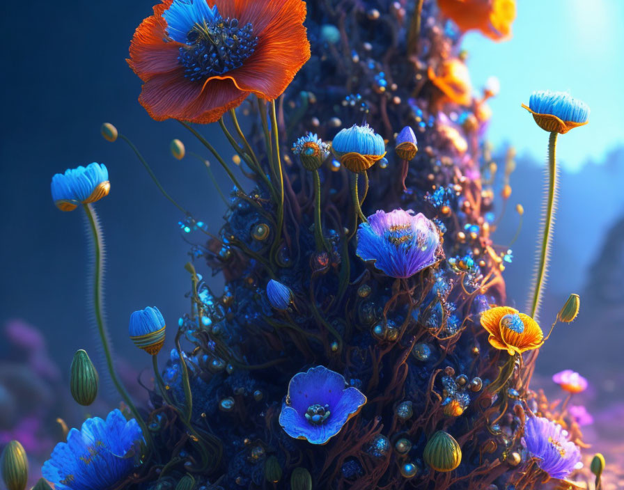 Vibrant surreal blue and orange flowers on dark background