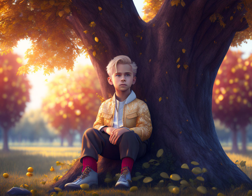 Young boy under large tree surrounded by fallen leaves and sunlight.