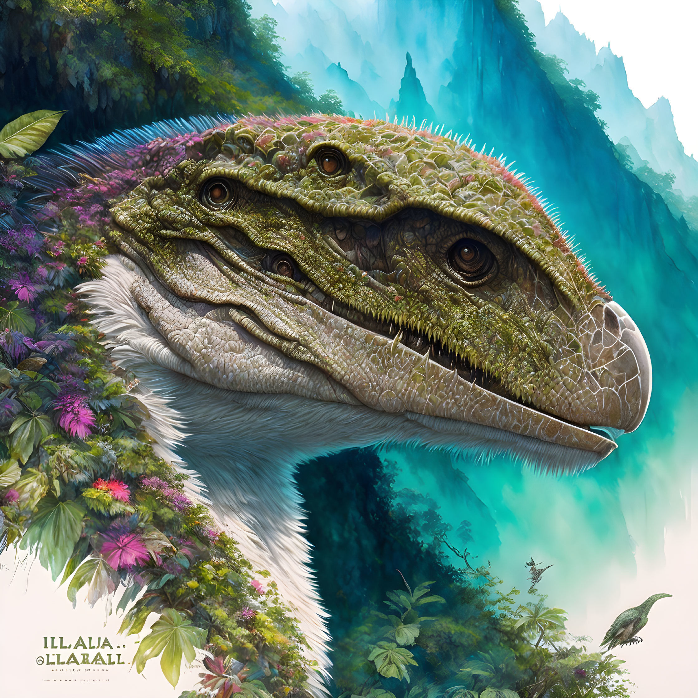 Camouflaged dinosaur head in vibrant forest scene