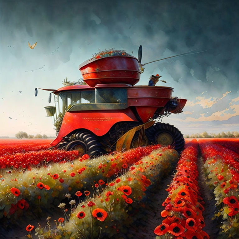 Colorful illustration: Red combine harvester harvesting poppies in stormy field with farmer and dog.