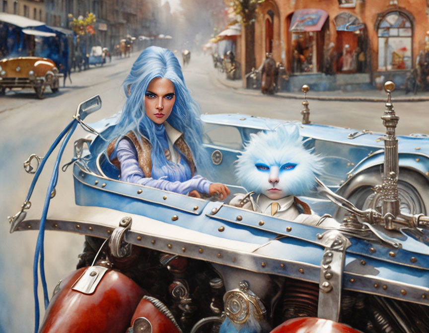 Fantasy Artwork of Woman with Blue Hair and Cat-Like Creature in Retro-Futuristic Car