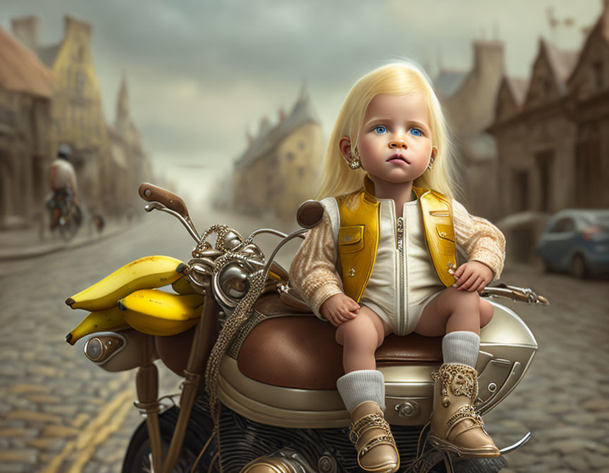 Blonde-haired doll on vintage motorcycle with bananas in quaint street scene