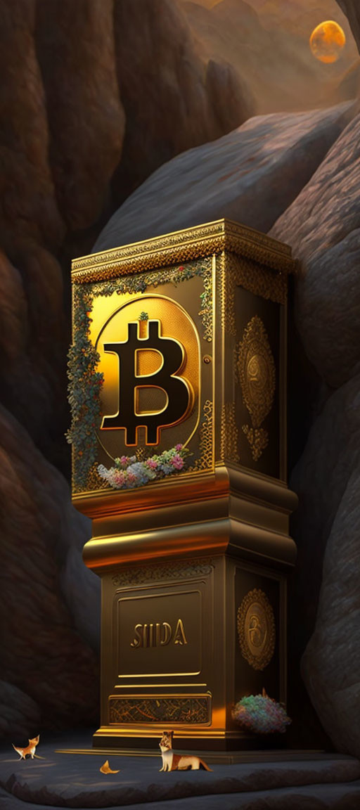 Golden Bitcoin Emblem on Pedestal in Moonlit Canyon with Foxes