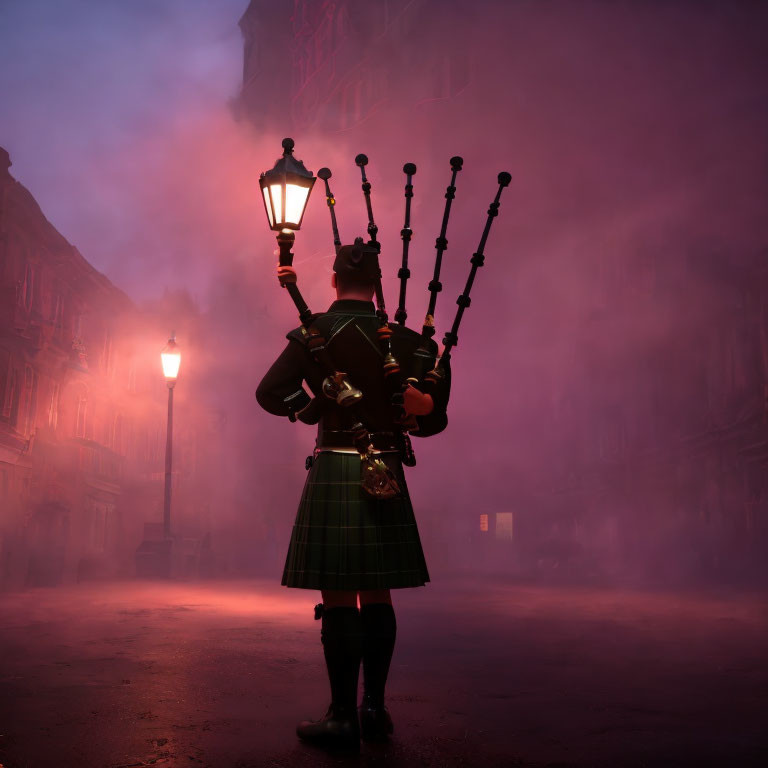 Traditional Scottish bagpiper playing in foggy, dimly-lit street at dusk