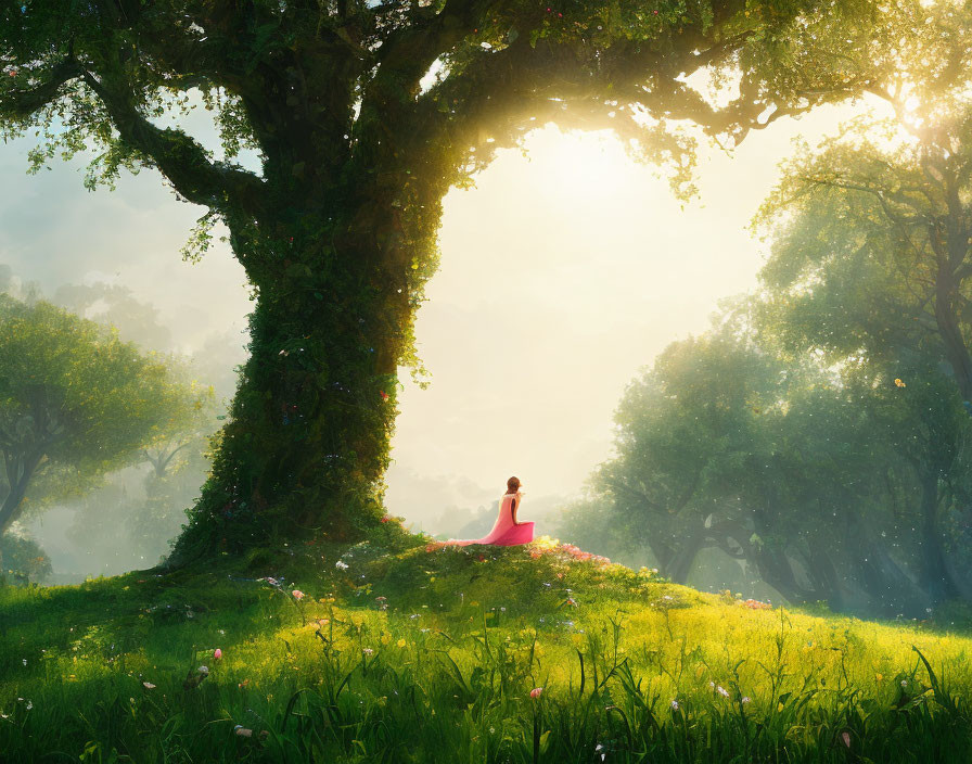 Woman in Pink Dress Relaxing Under Large Tree in Sunlit Forest Clearing