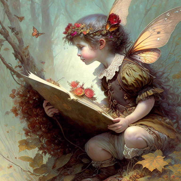 Illustration of fairy child reading in lush environment