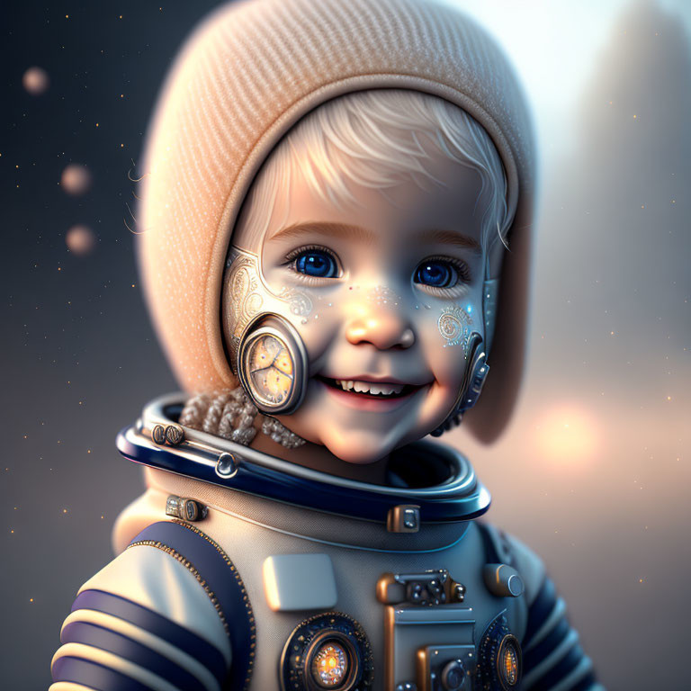 Smiling toddler in astronaut suit with steampunk-style decor