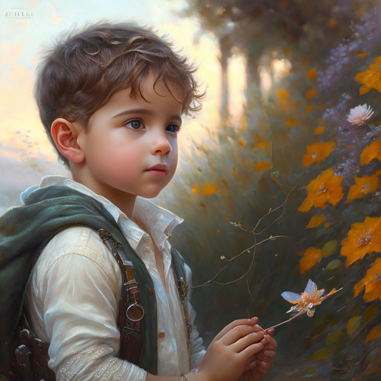 Child holding twig with dragonfly in nature scene.