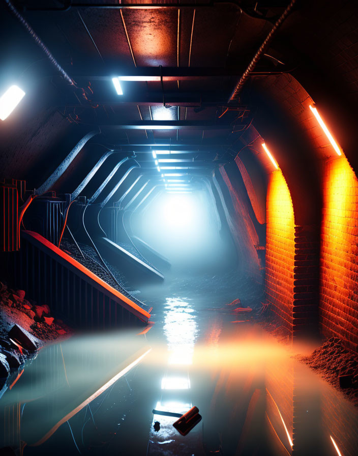 Vibrant blue and orange-lit underground tunnel with water reflections and debris.