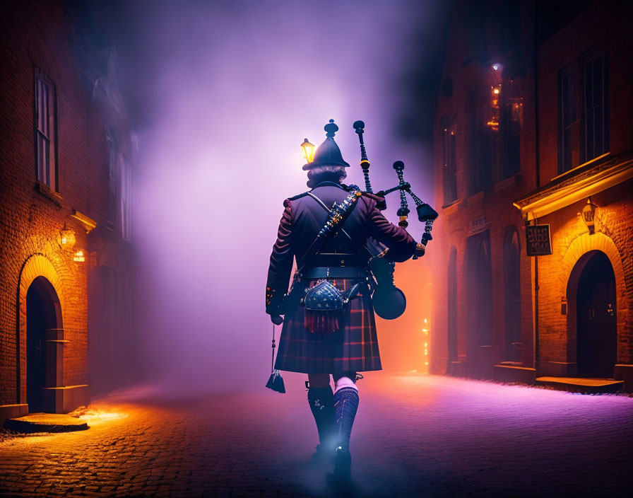 Traditional Scottish bagpiper in misty alley at night with warm streetlights