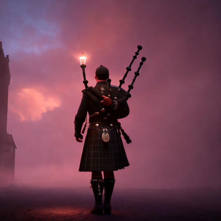 Traditional Scottish man in kilt playing bagpipes in misty streetlamp scene