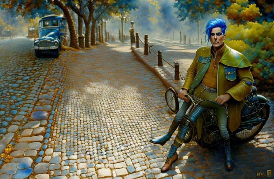 Blue-haired person on motorcycle with vintage car in background